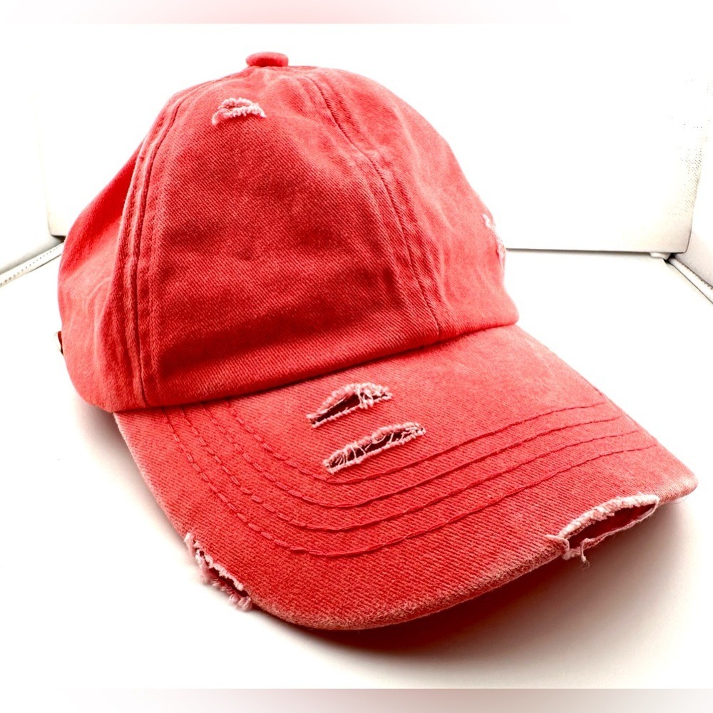 Criss Cross PonyCaps Hat Coral Distressed Cotton Baseball Cap Side Buttons NEW